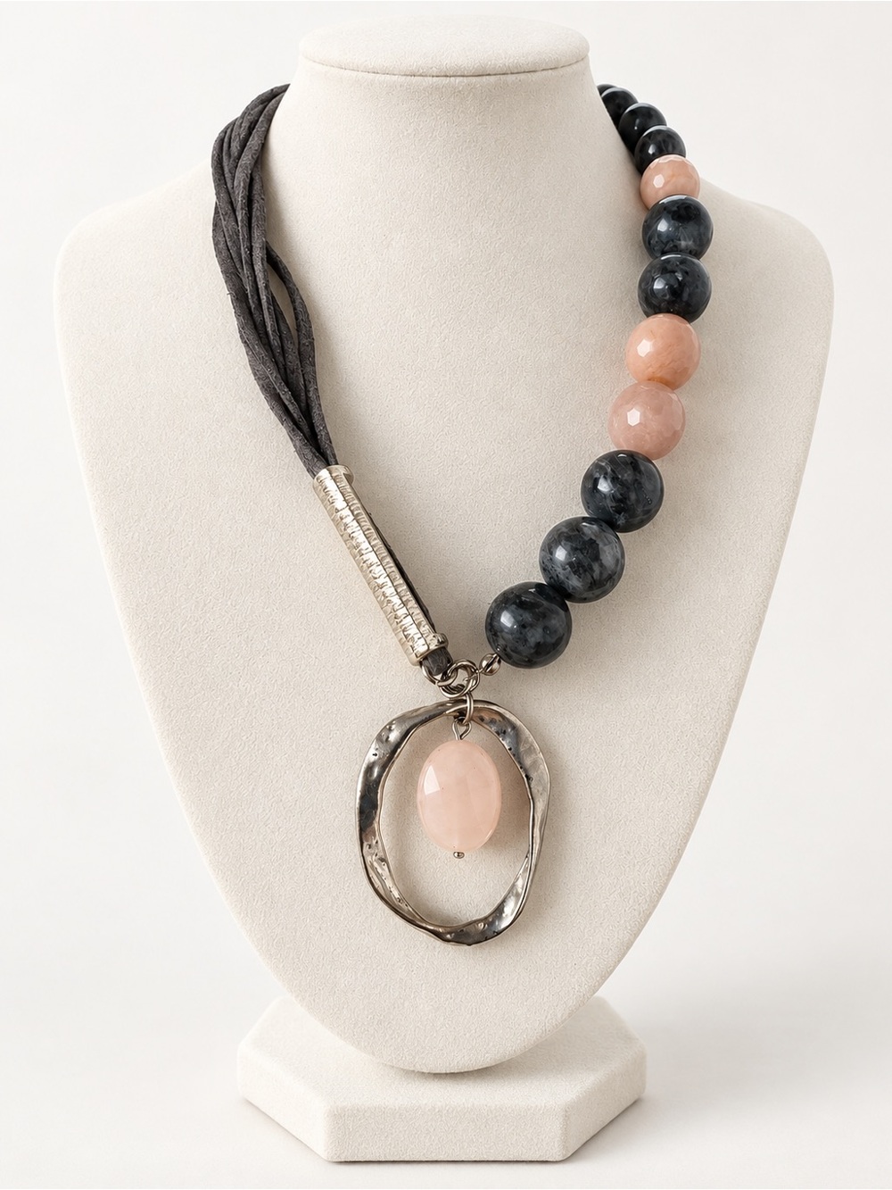 Network Natural Stone Statement Necklace Gray Pink Beaded Pendant Necklace